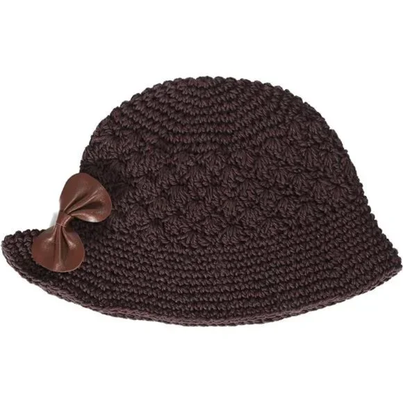 Women Winter Crochet Bucket Hat Bow Brown